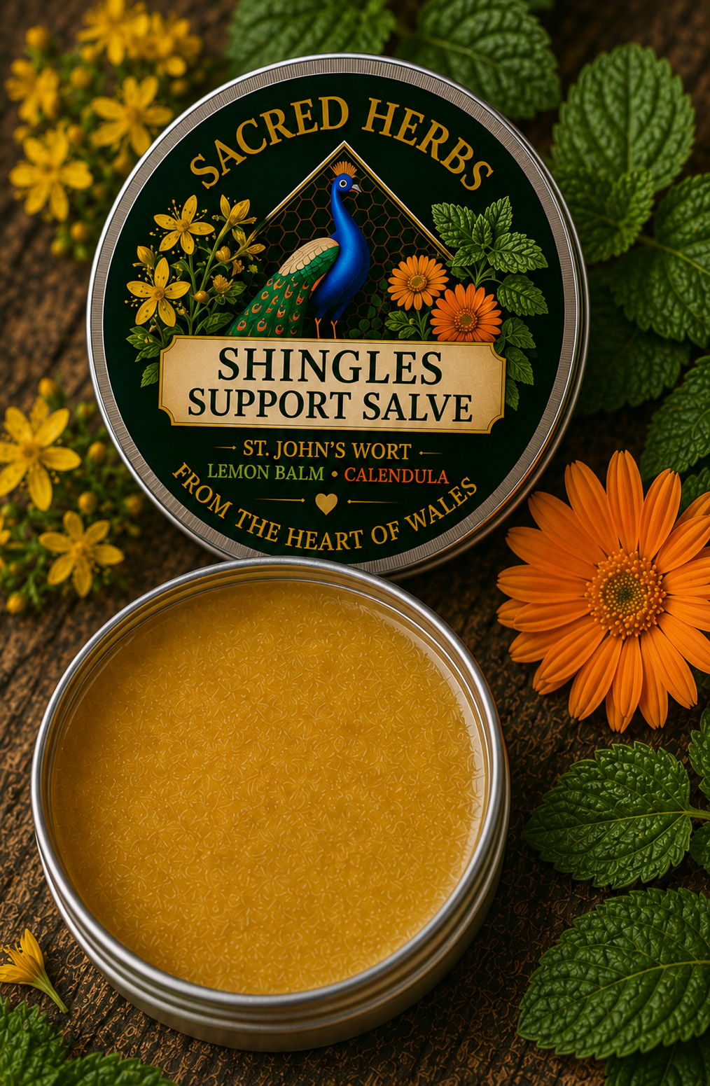 St John's Wort, Lemon Balm & Calendula Salve handcrafted herbal remedy from Wales, UK