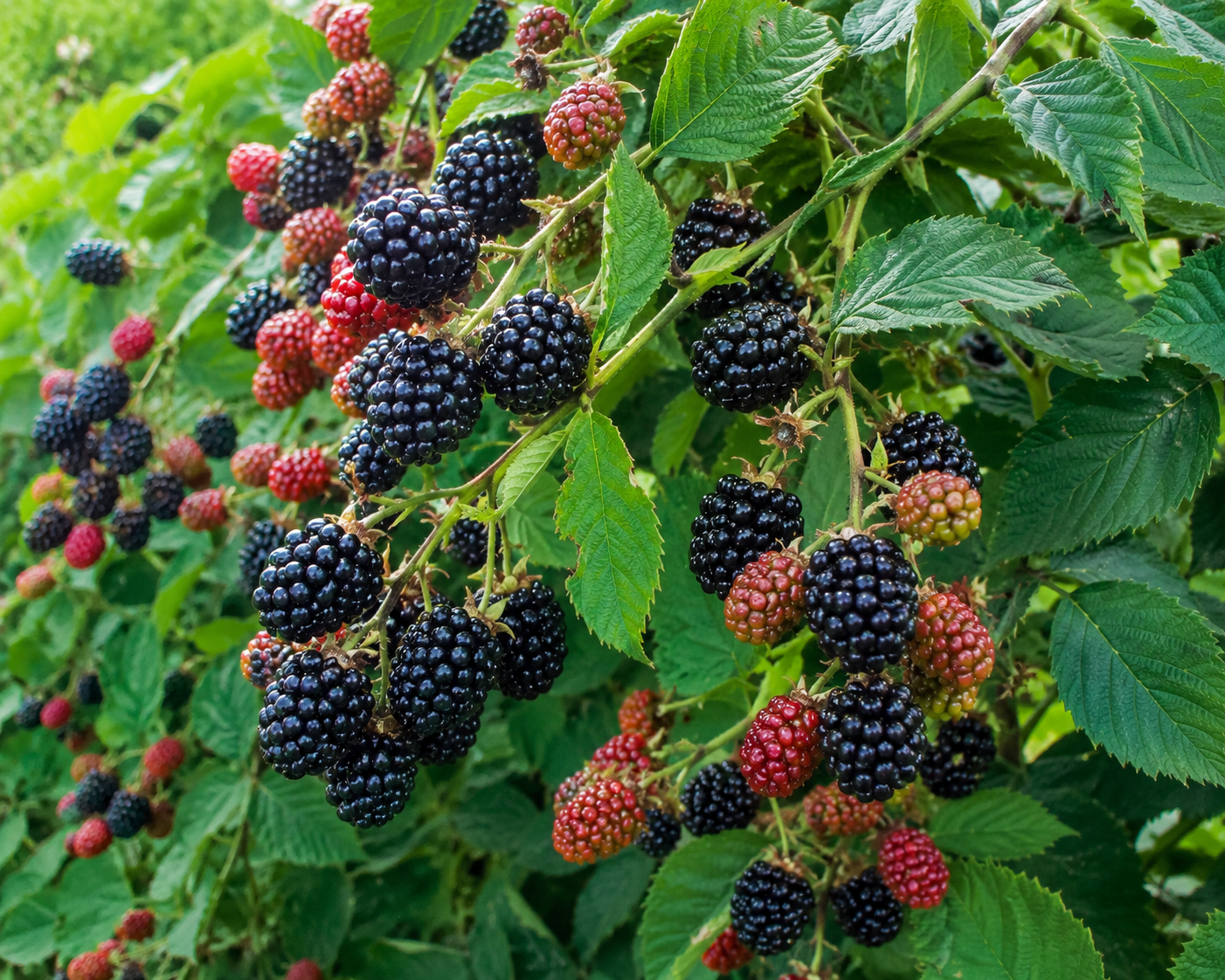 Ripe blackberries and ripening red berries on a bramble in a Welsh hedgerow.