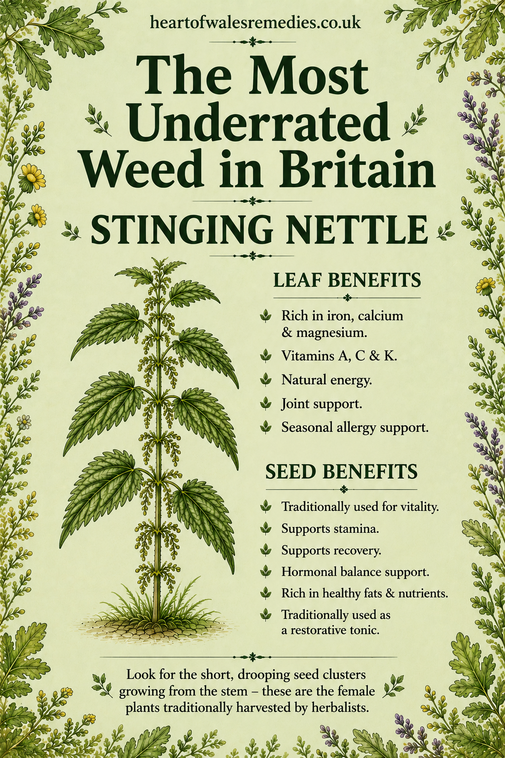 Illustrated infographic of stinging nettle showing leaf benefits and seed benefits, with a botanical hedgerow border.