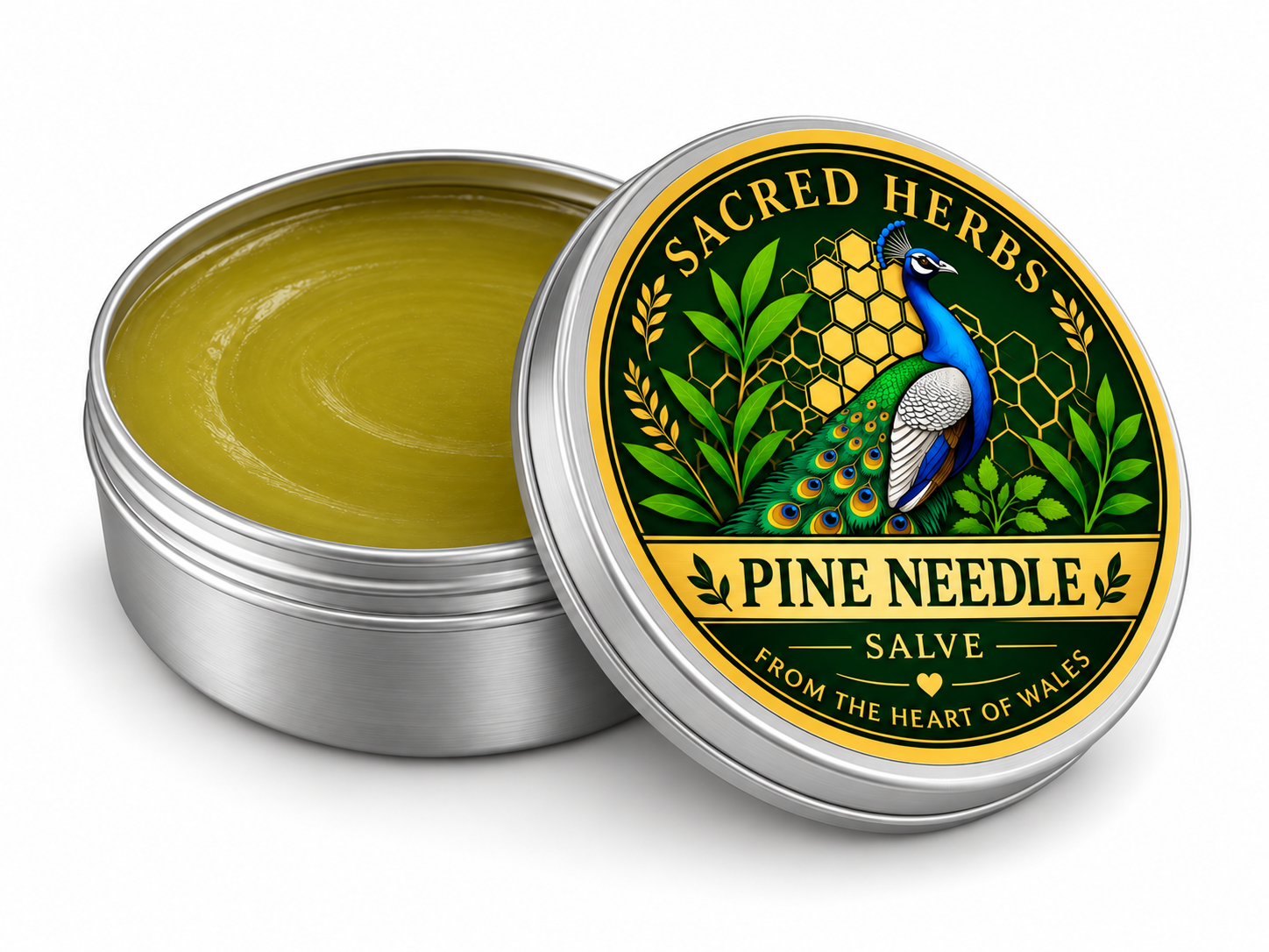 Pine Needle Salve natural herbal salve in a 50ml tin, handcrafted in Wales, UK