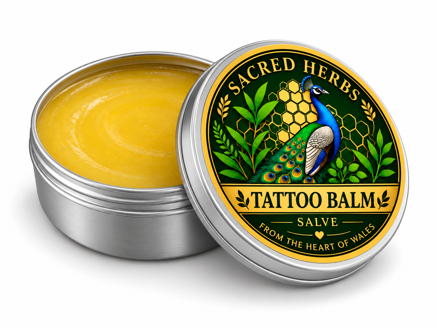 Tattoo Balm natural herbal salve in a 50ml tin, handcrafted in Wales, UK